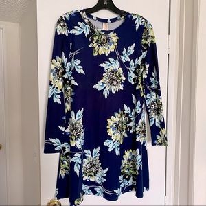 LARA Fashion, Long Sleeve, Floral Sling Dress. Navy Blue, Size Medium 8/10.